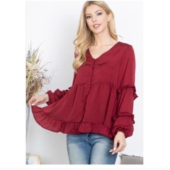 Womens Burgundy Ruffle Hem Button-Down Long Sleeve Peplum Blouse Top-SIZE:MEDIUM - Picture 5 of 7